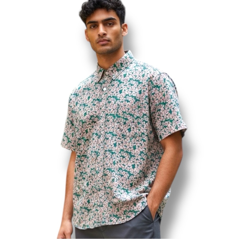 Arizona Jeans Co Floral Button Up Shirt Mens Green Pink Tropical Hawaiian Summer